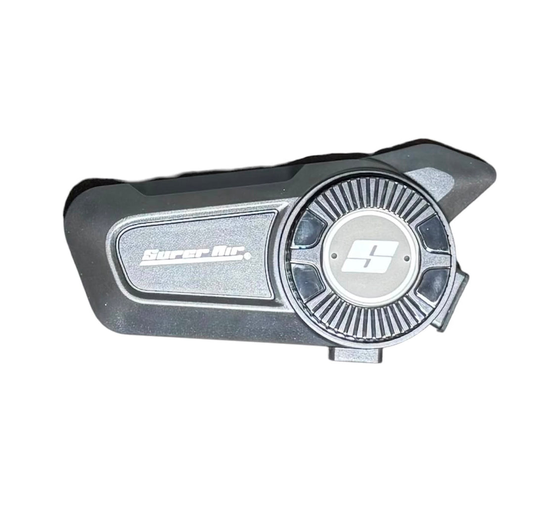 Super Air SP-10 Bluetooth intercom side view showing Super Air branding and RGB-lit S logo dial on matte black body