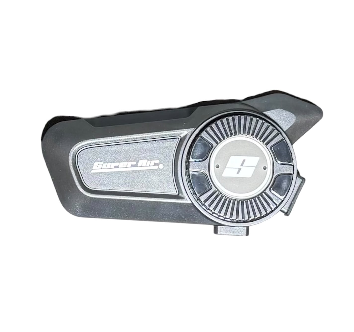 Super Air SP-10 Bluetooth intercom side view showing Super Air branding and RGB-lit S logo dial on matte black body