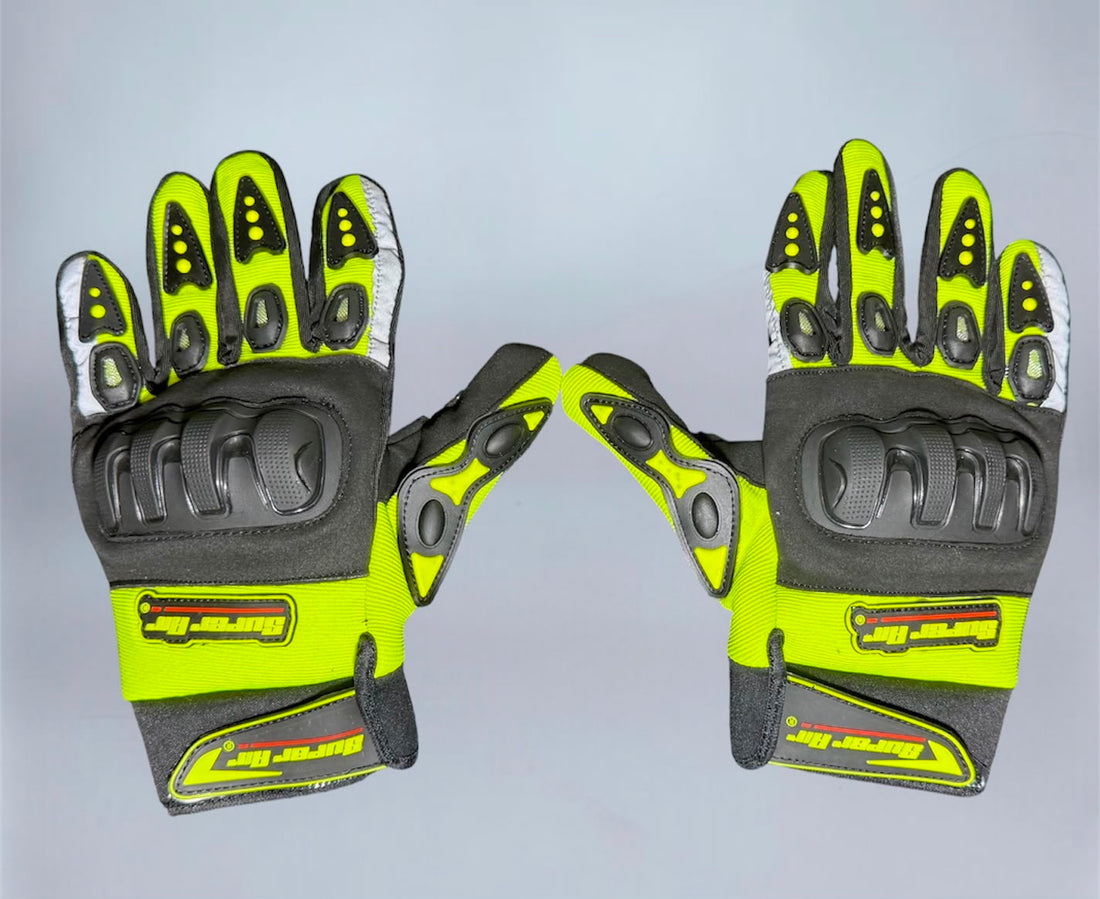 Super Air full motorcycle gloves neon yellow and black top view showing hard knuckle protector and Super Air branding