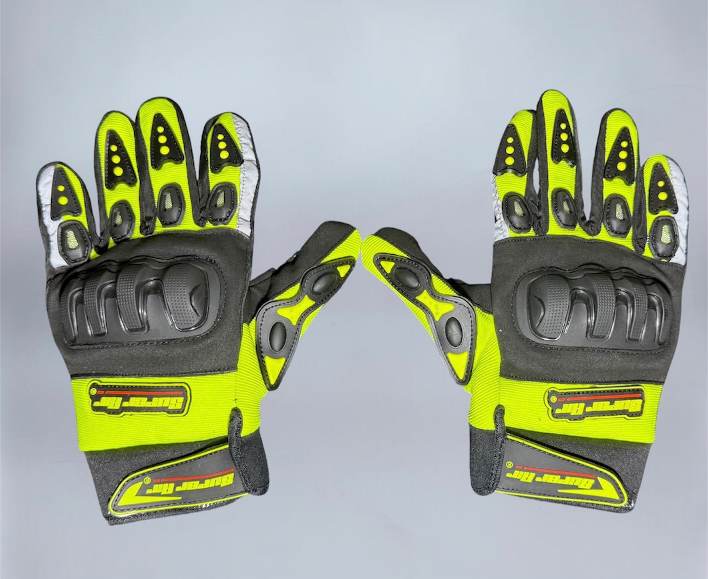Super Air full motorcycle gloves neon yellow and black top view showing hard knuckle protector and Super Air branding