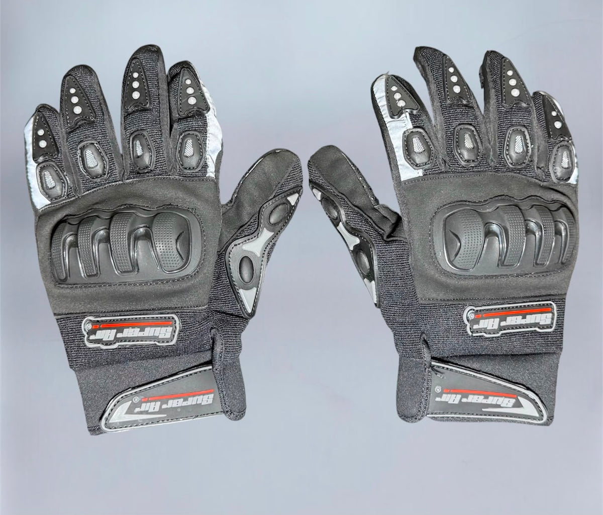 Super Air full motorcycle gloves white and grey top view showing hard knuckle protector and Super Air branding