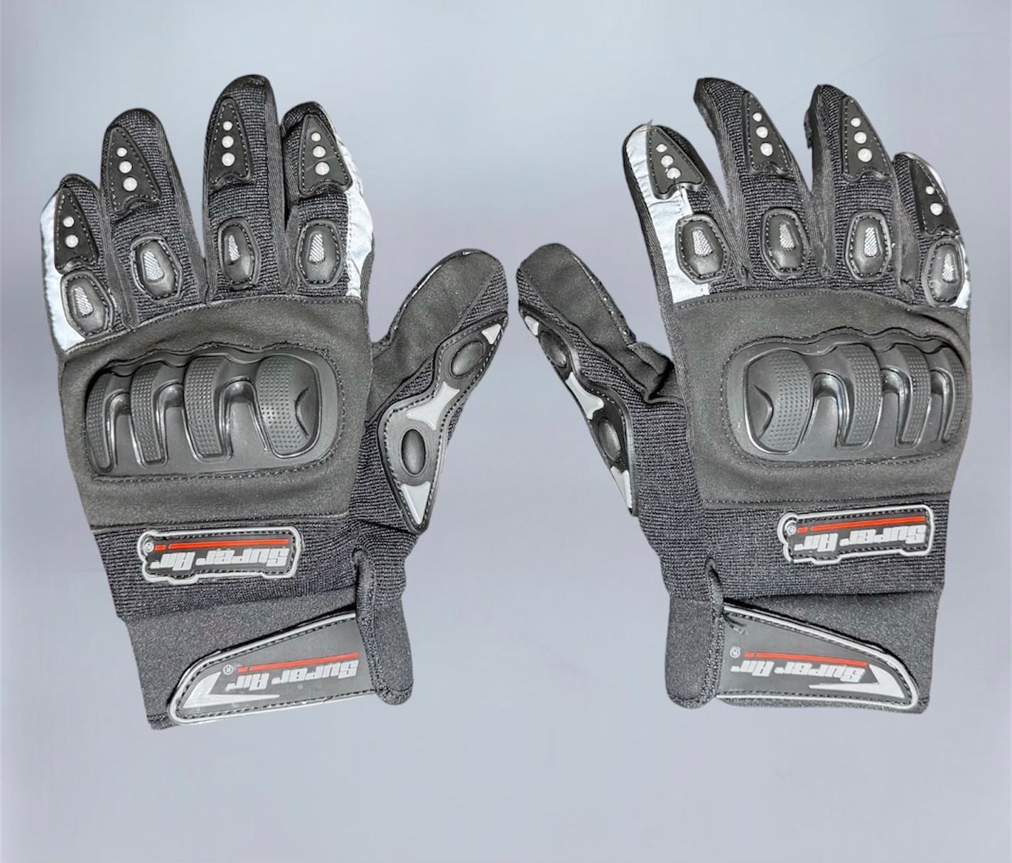 Super Air full motorcycle gloves white and grey top view showing hard knuckle protector and Super Air branding